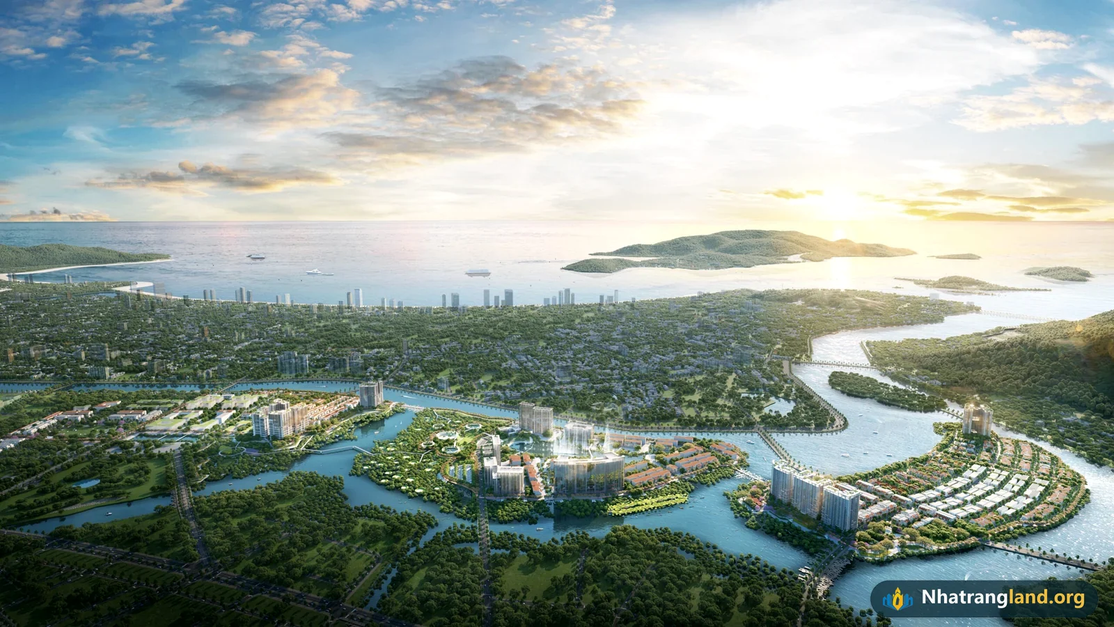 Phối cảnh đại cảnh 3 hòn đảo chức năng Khu đô thị Charmora City Nha Trang rộng 226,71 ha do Tập đoàn Sun Group kiến tạo tại Nam Nha Trang