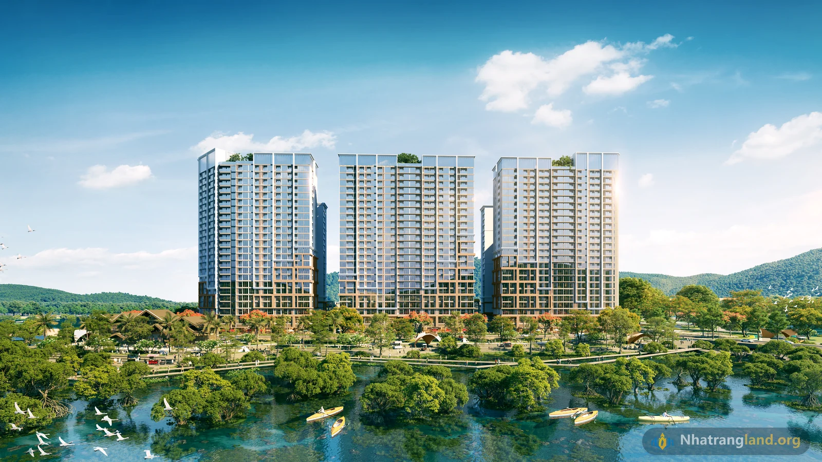 Phối cảnh tổng thể 3 t&ograve;a th&aacute;p căn hộ kho&aacute;ng n&oacute;ng The Onsen 1, The Onsen 2 v&agrave; The Onsen 3 tại cửa ng&otilde; Đảo Nam Charmora City Nha Trang