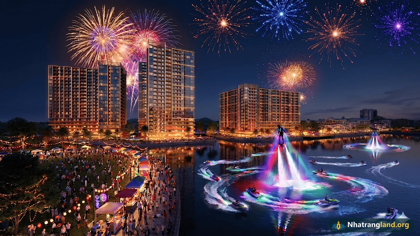 Phối cảnh đêm đại lộ thương mại kinh tế đêm 24/7 rực rỡ ánh đèn tại khu Shophouse Festival Island Charmora City Nha Trang