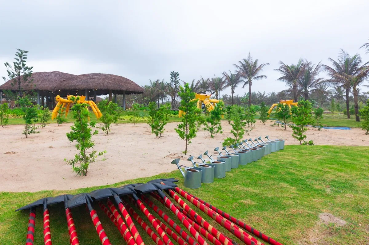 Cây non hàng dài đã trồng xong dụng cụ trồng cây xếp ngay ngắn nhà mái tranh phía sau Carabeach